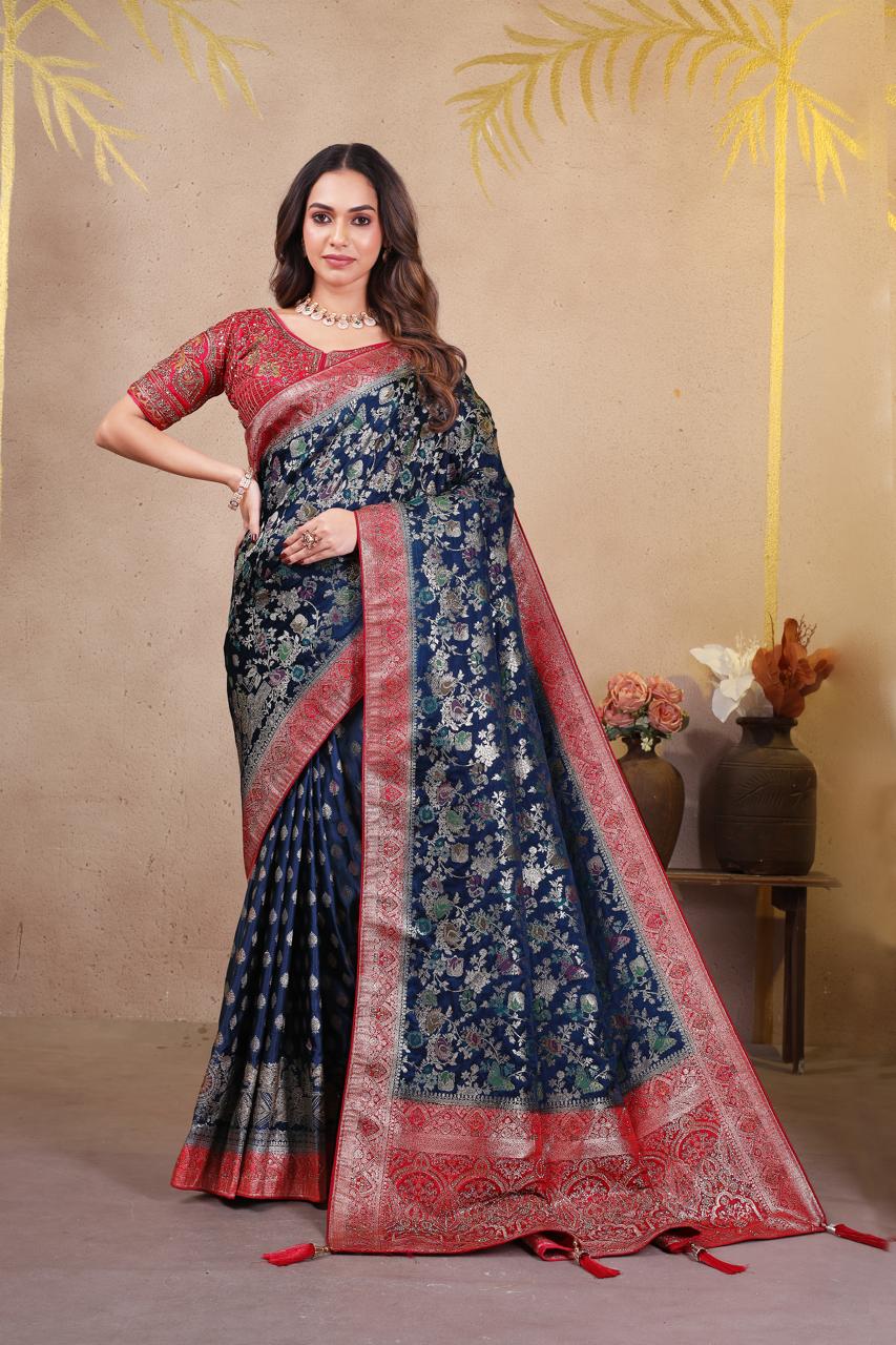 Navy Blue Satin Charokhi Saree with unstitched Blouse