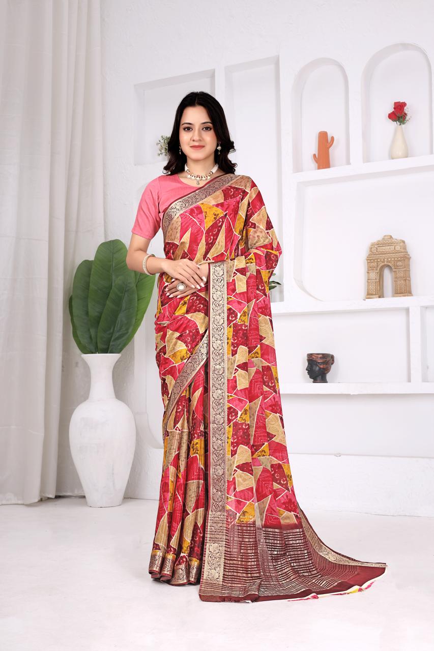Pink Multicolor Chinon Chitpallu Saree with Abstract Print Design