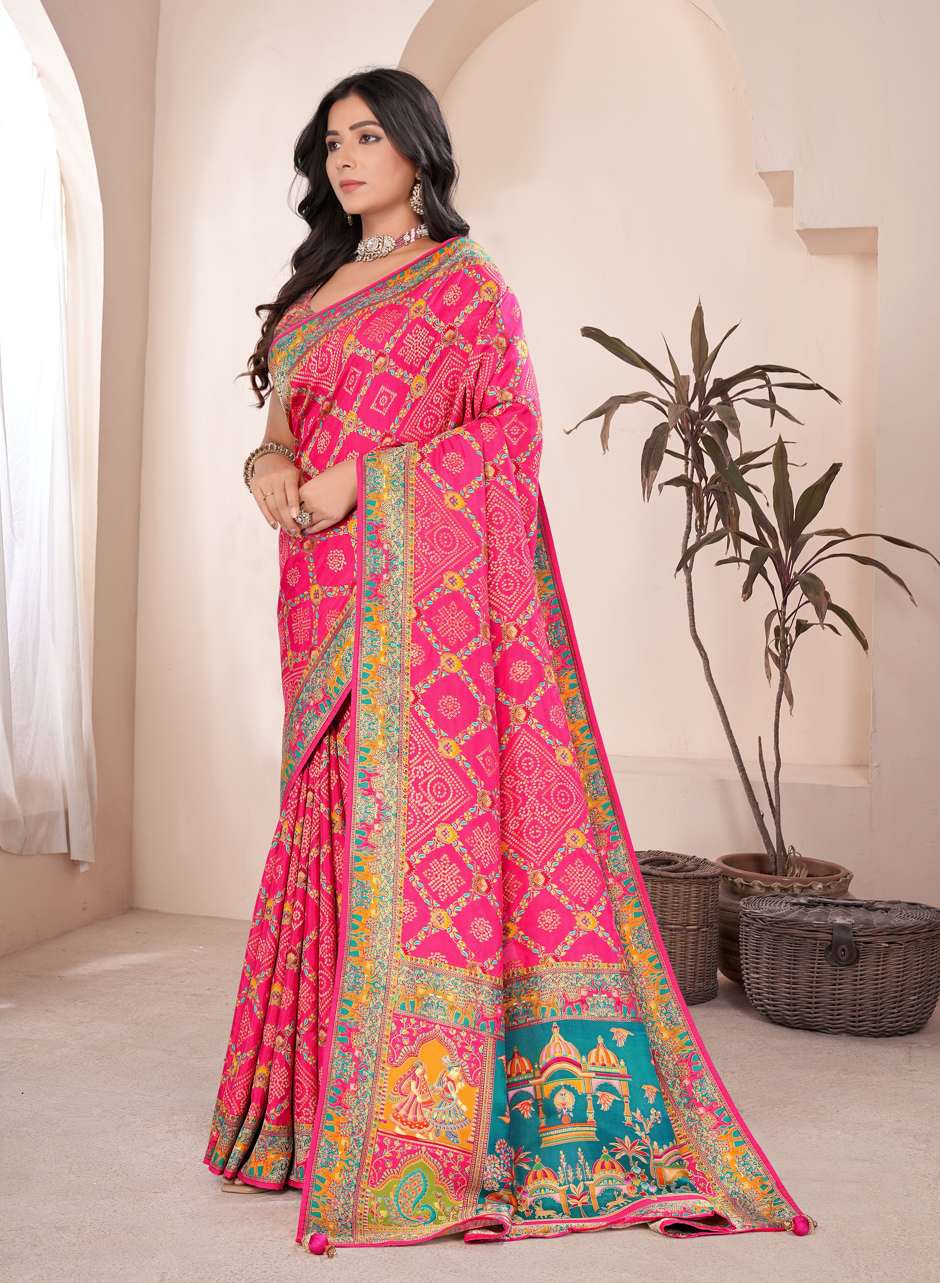 Satin Bandej Position Print Saree