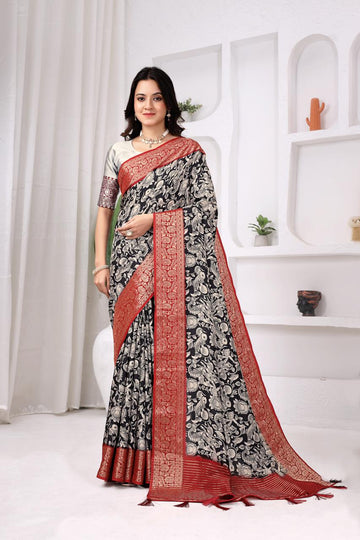 Black & Silver Dola Chitpallu Saree with Floral Heritage Print