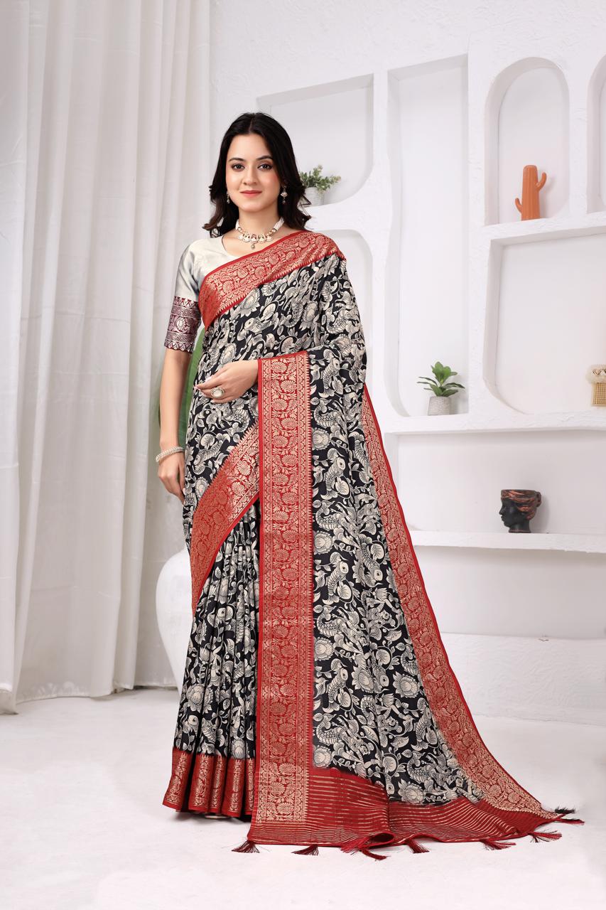 Black & Silver Dola Chitpallu Saree with Floral Heritage Print