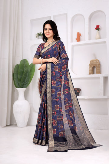 Navy Blue Chinon Chitpallu Saree with Floral Print Border