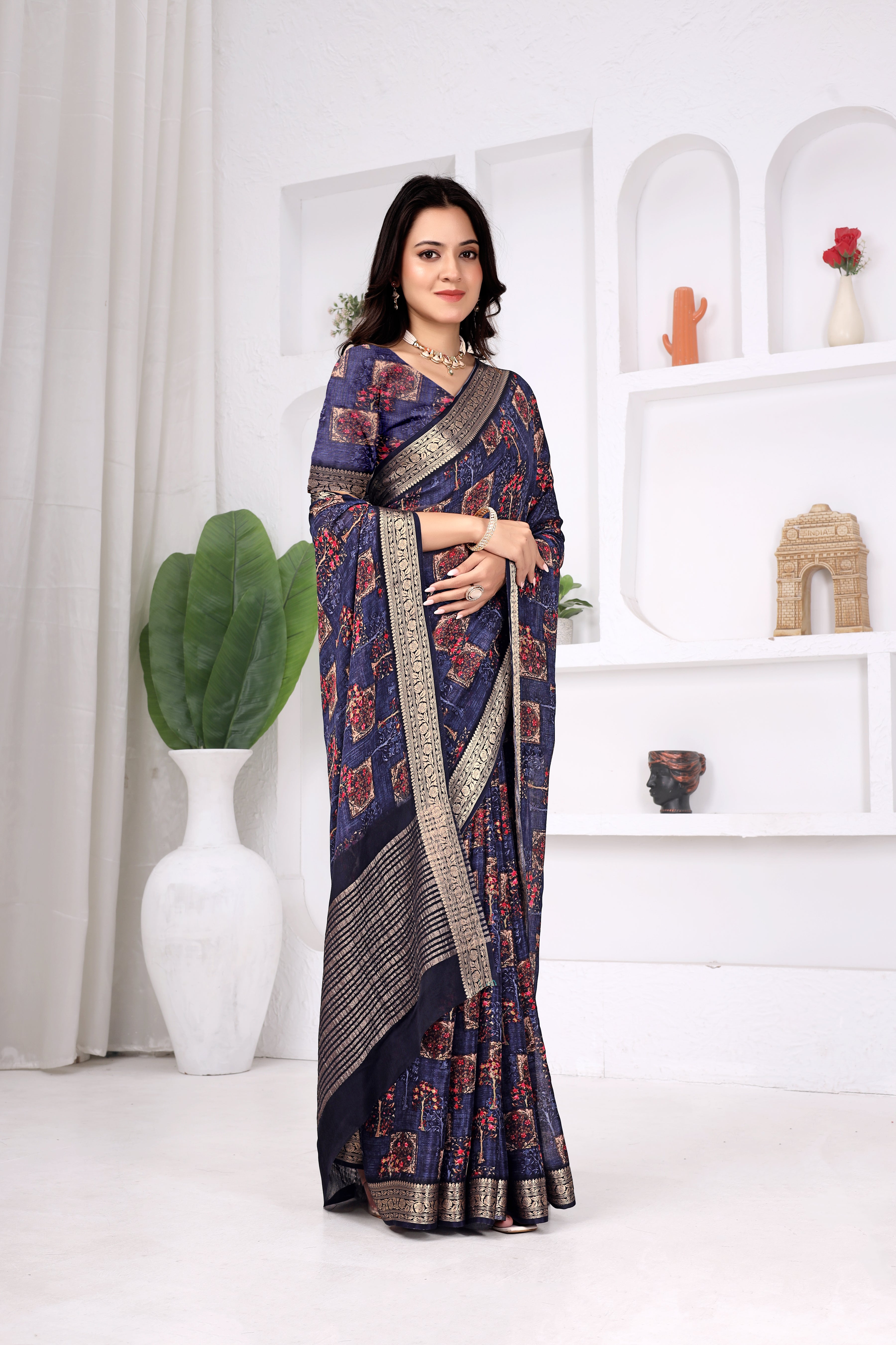 Navy Blue Chinon Chitpallu Saree with Floral Print Border