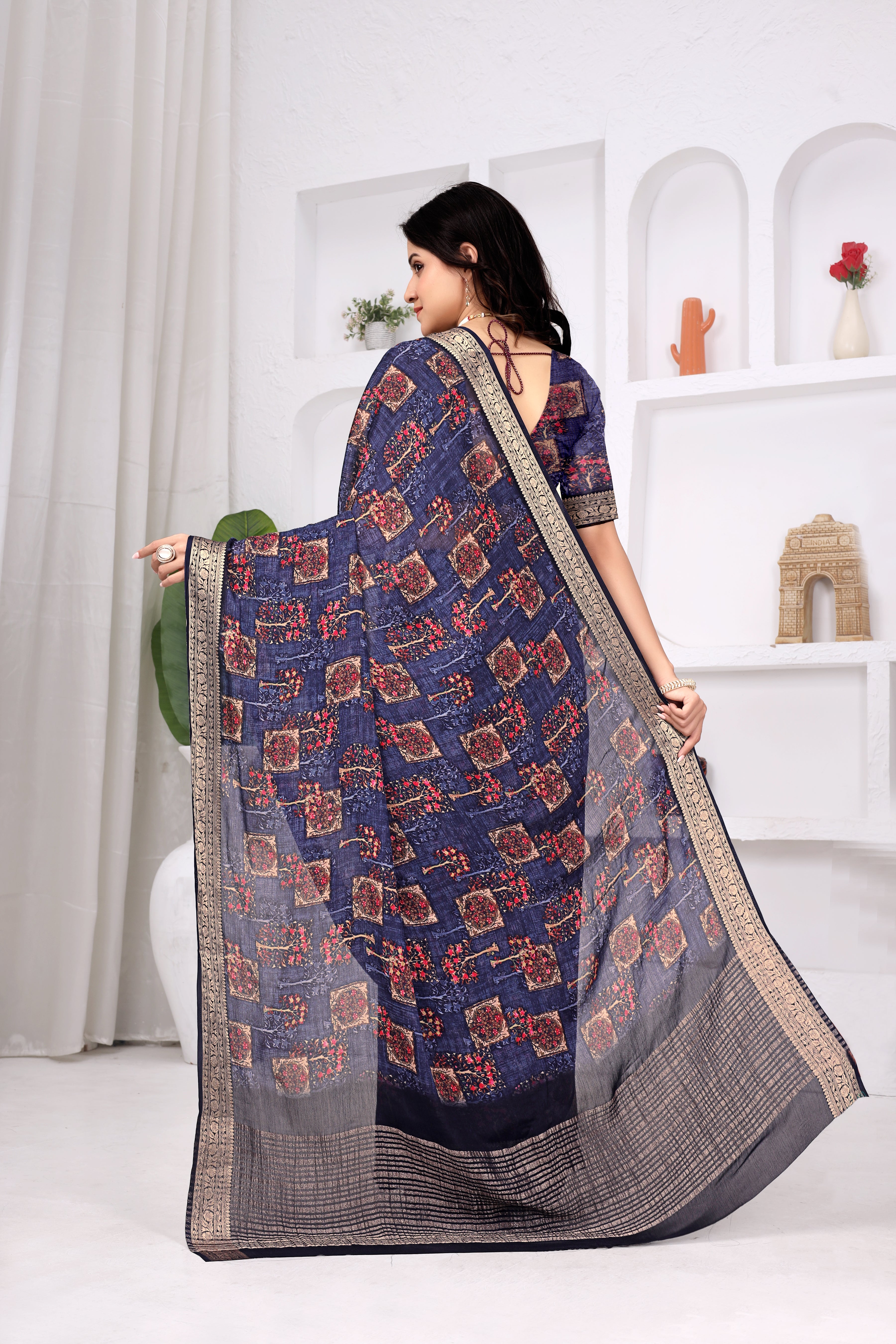 Navy Blue Chinon Chitpallu Saree with Floral Print Border