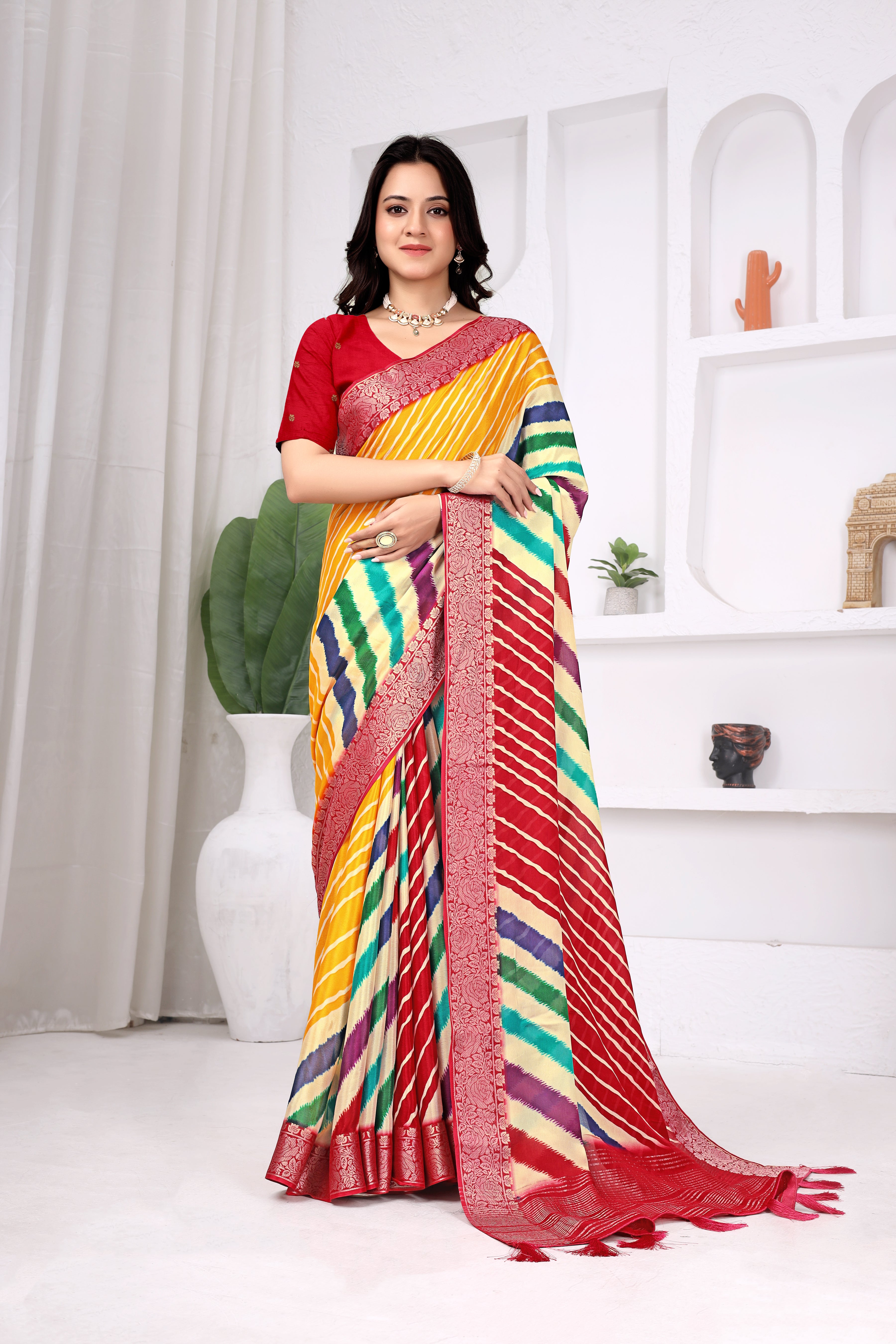 Multicolor Chinon Chitpallu Leheriya Print Saree with Designer Border