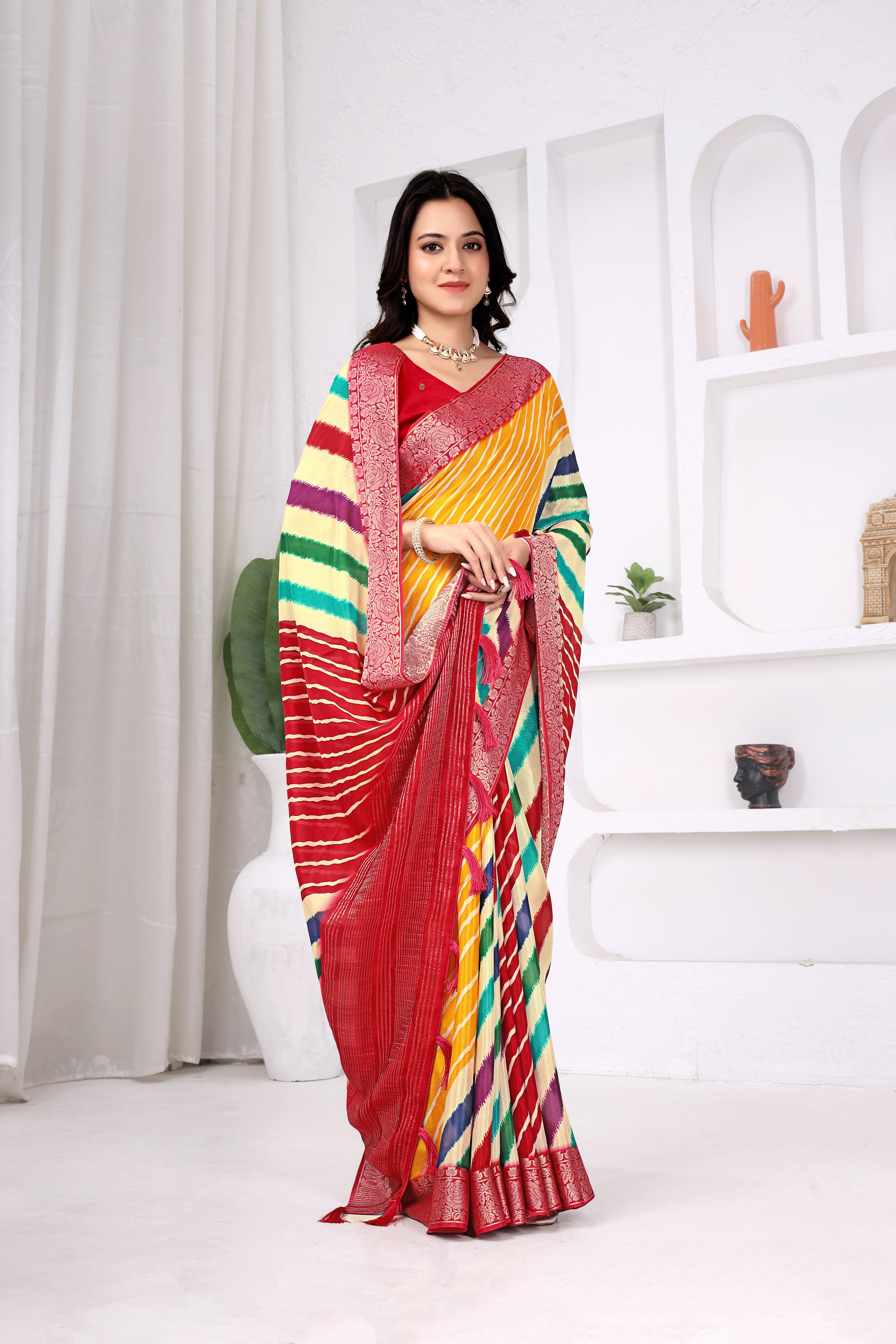 Multicolor Chinon Chitpallu Leheriya Print Saree with Designer Border