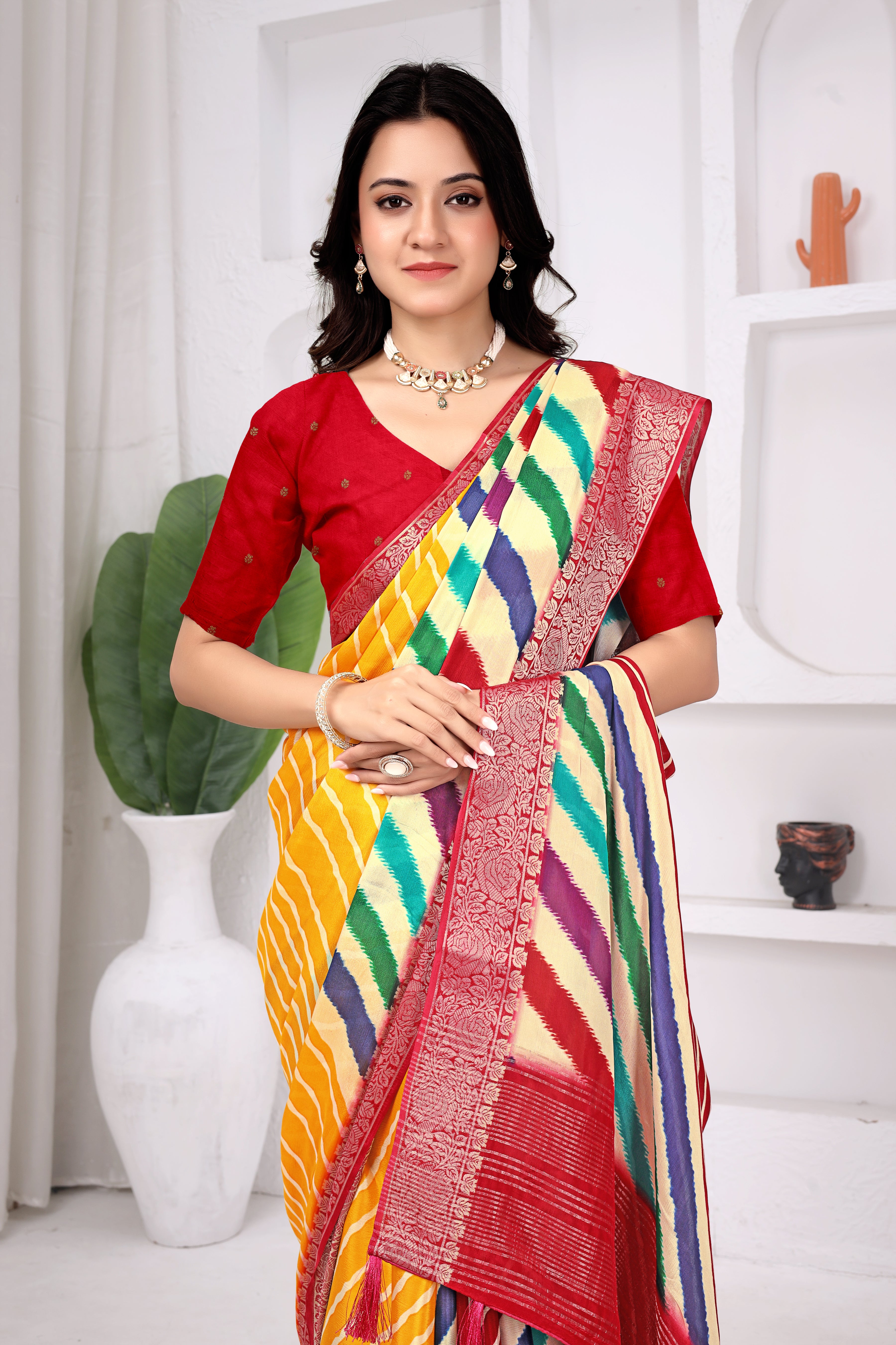 Multicolor Chinon Chitpallu Leheriya Print Saree with Designer Border