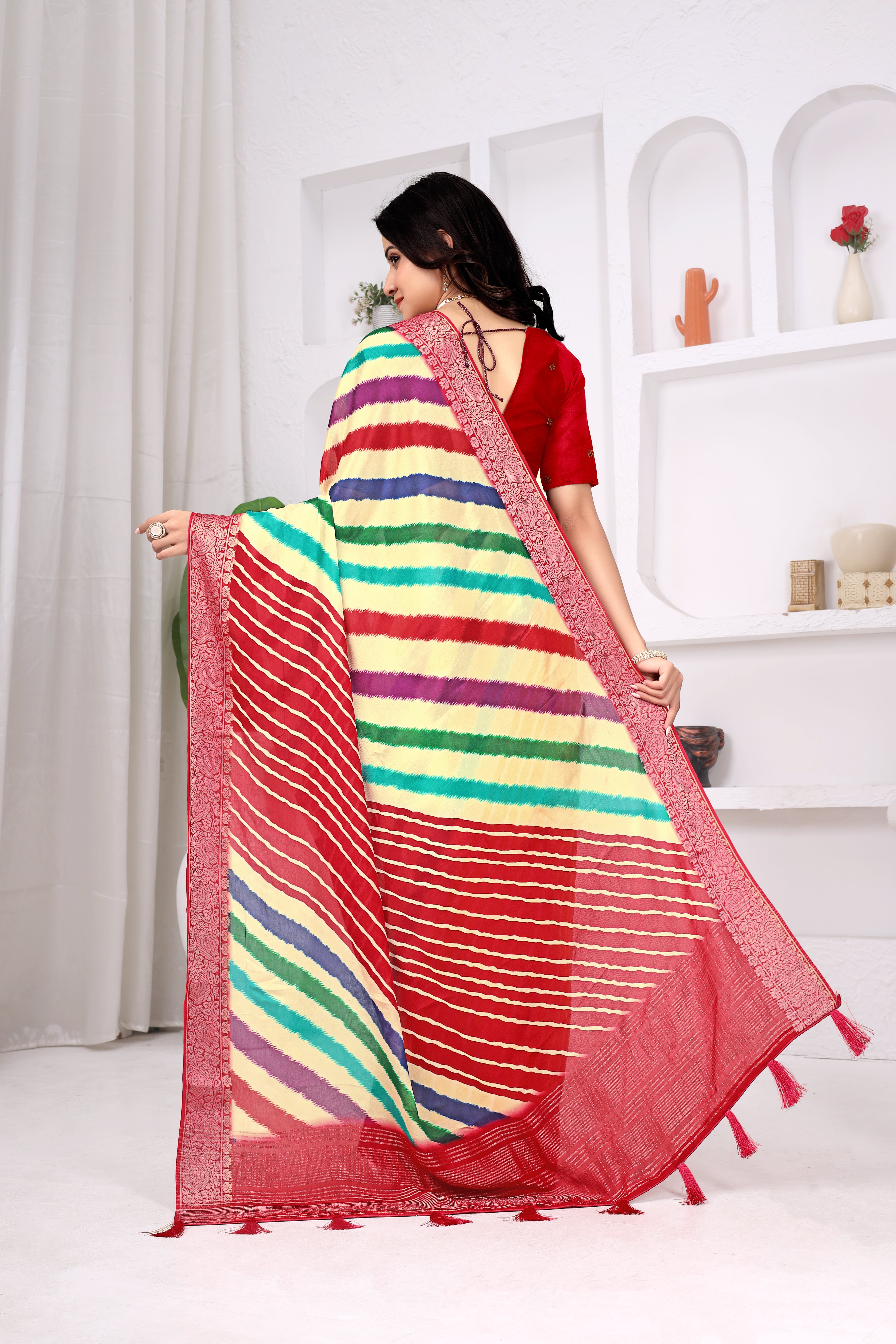 Multicolor Chinon Chitpallu Leheriya Print Saree with Designer Border