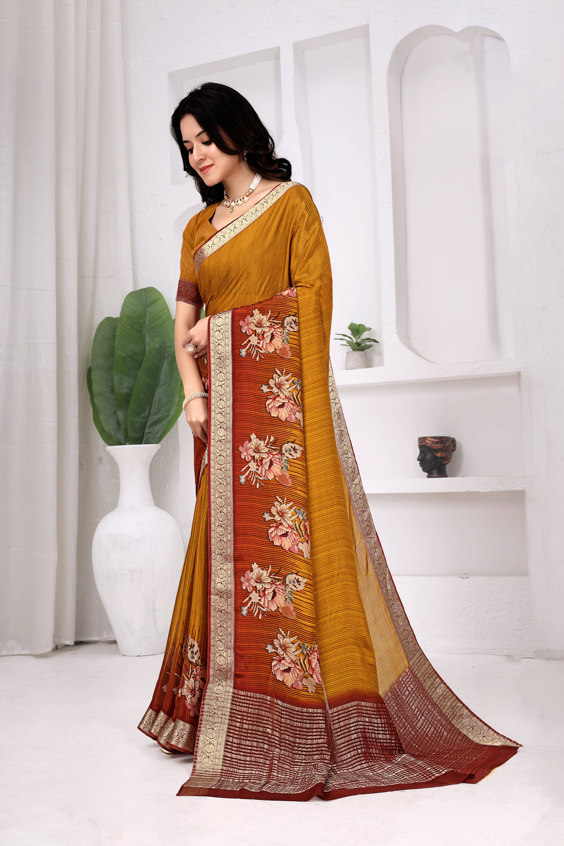 Floral Print Chinon Saree