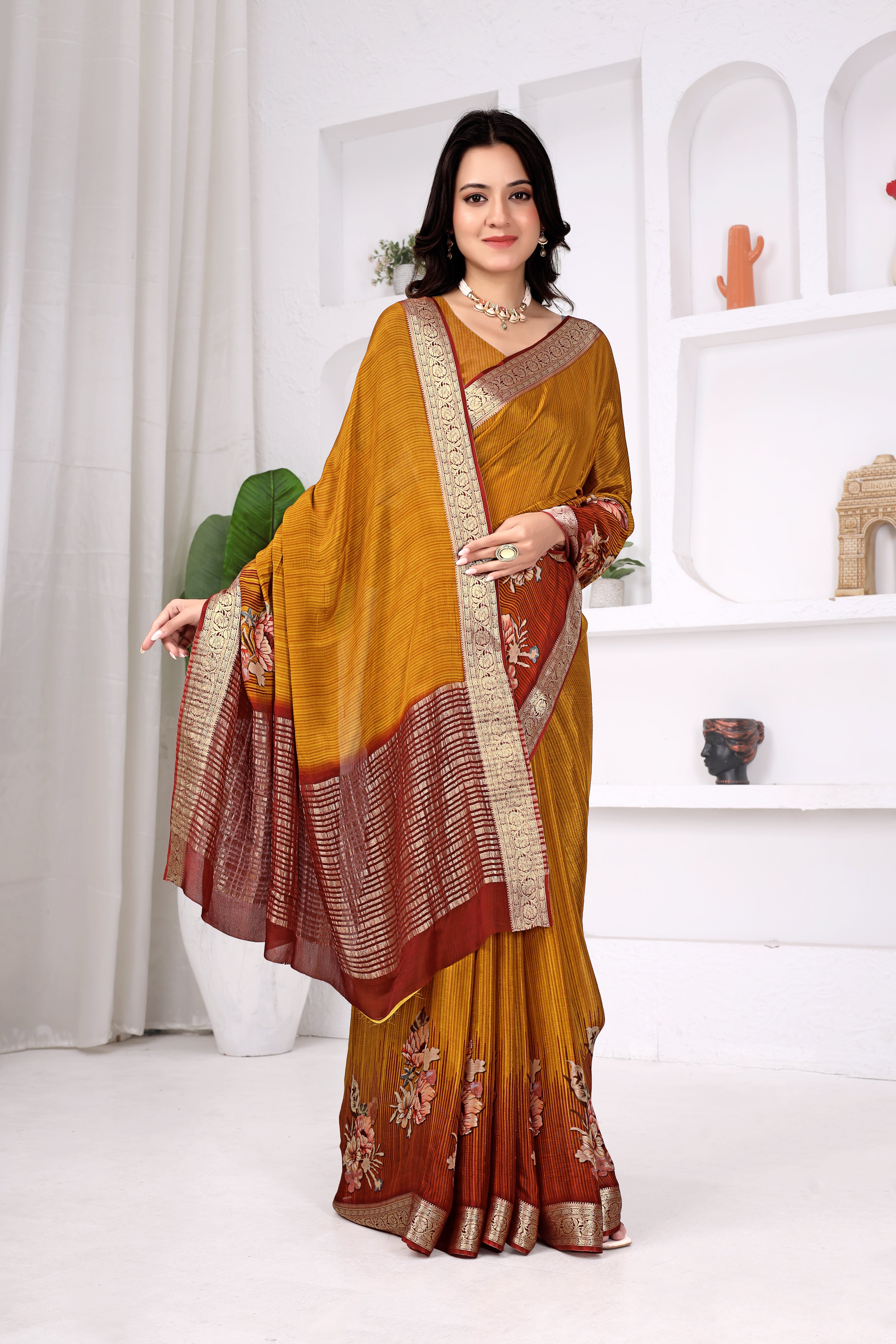 Mustard Yellow Chinon Chitpallu Saree with Floral Print Design