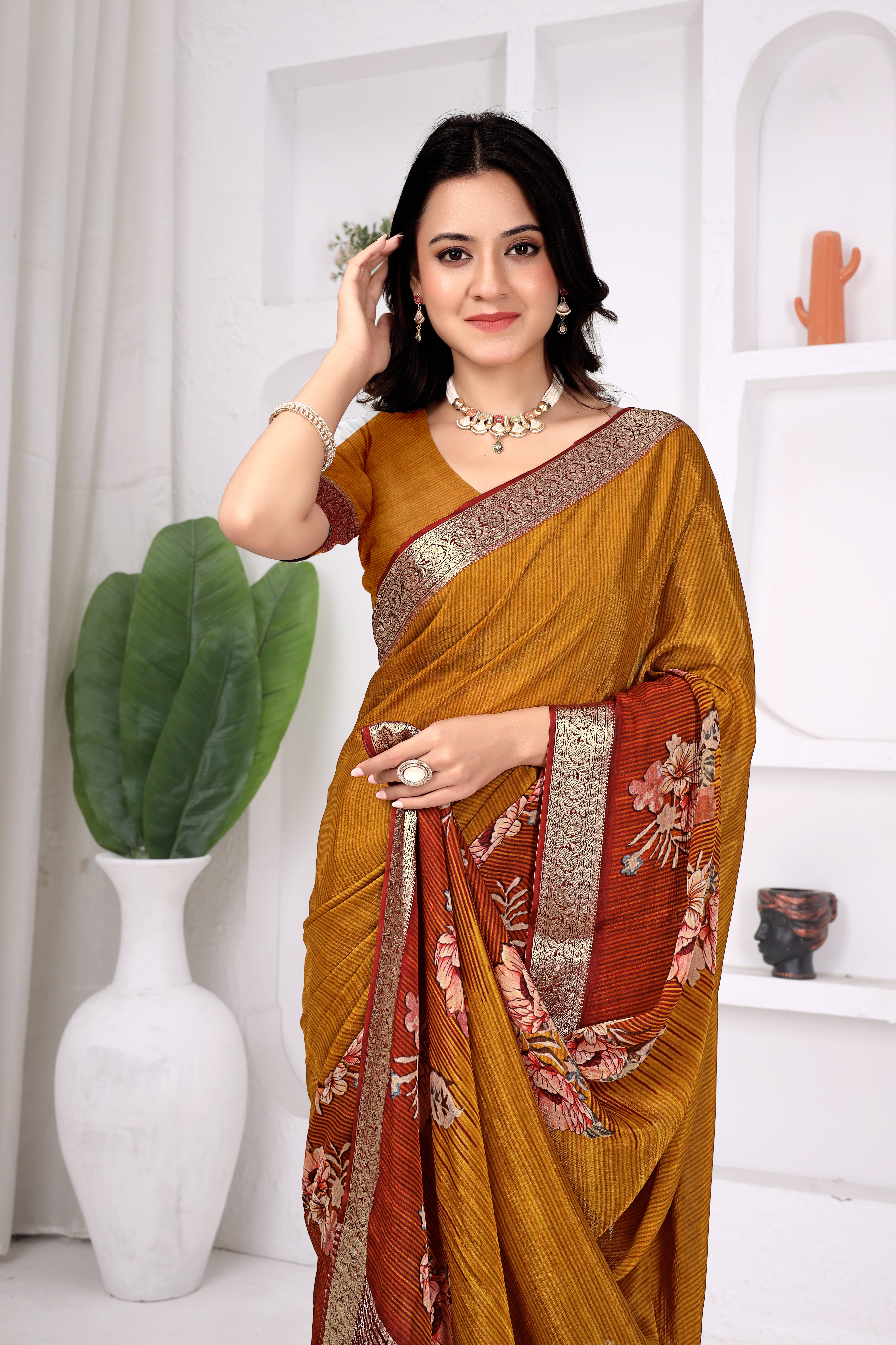Mustard Yellow Chinon Chitpallu Saree with Floral Print Design
