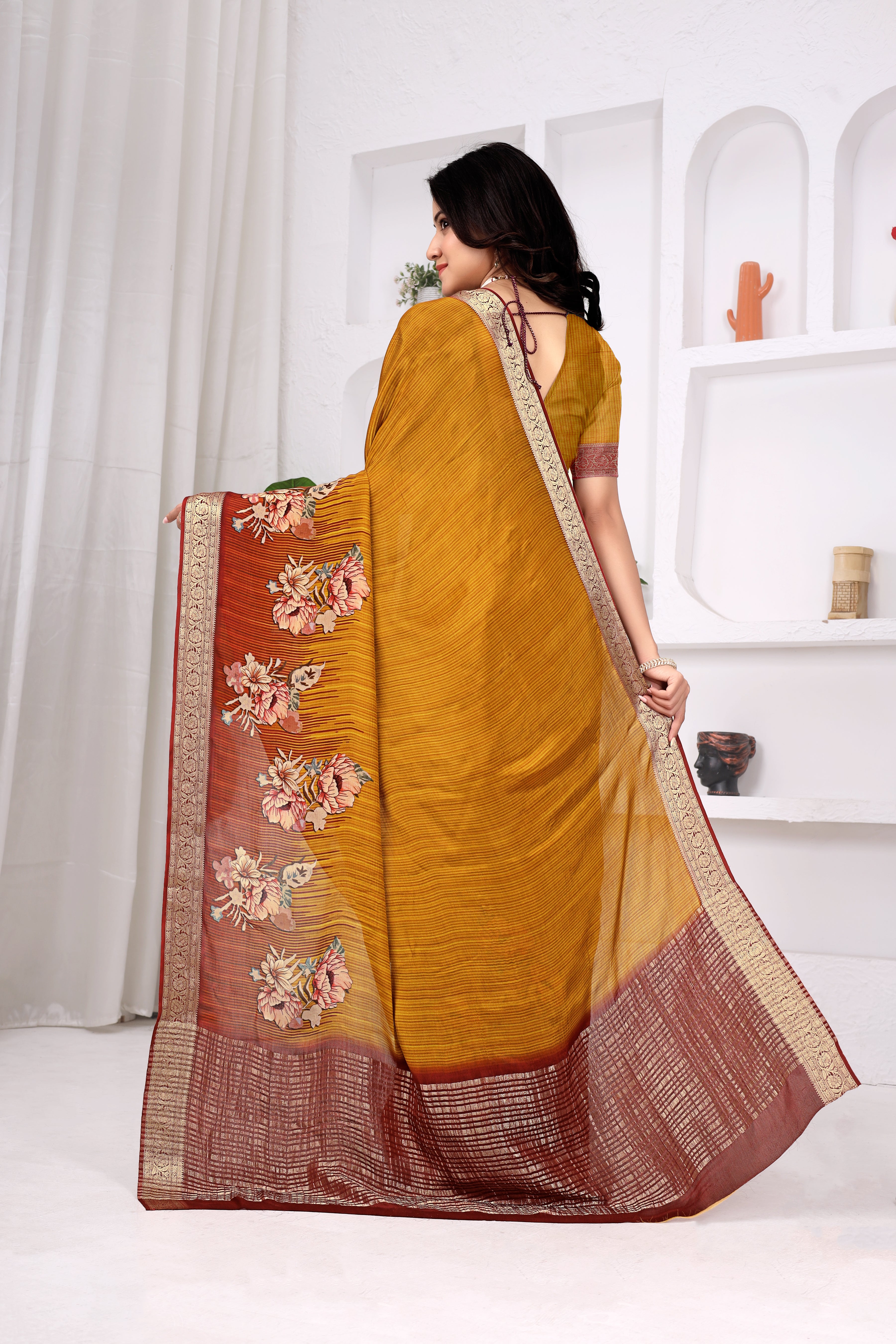 Mustard Yellow Chinon Chitpallu Saree with Floral Print Design