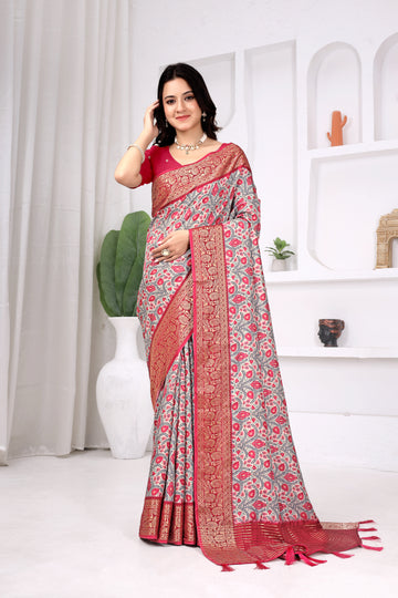 Ivory White Dola Chitpallu Saree with Pink Paisley Print