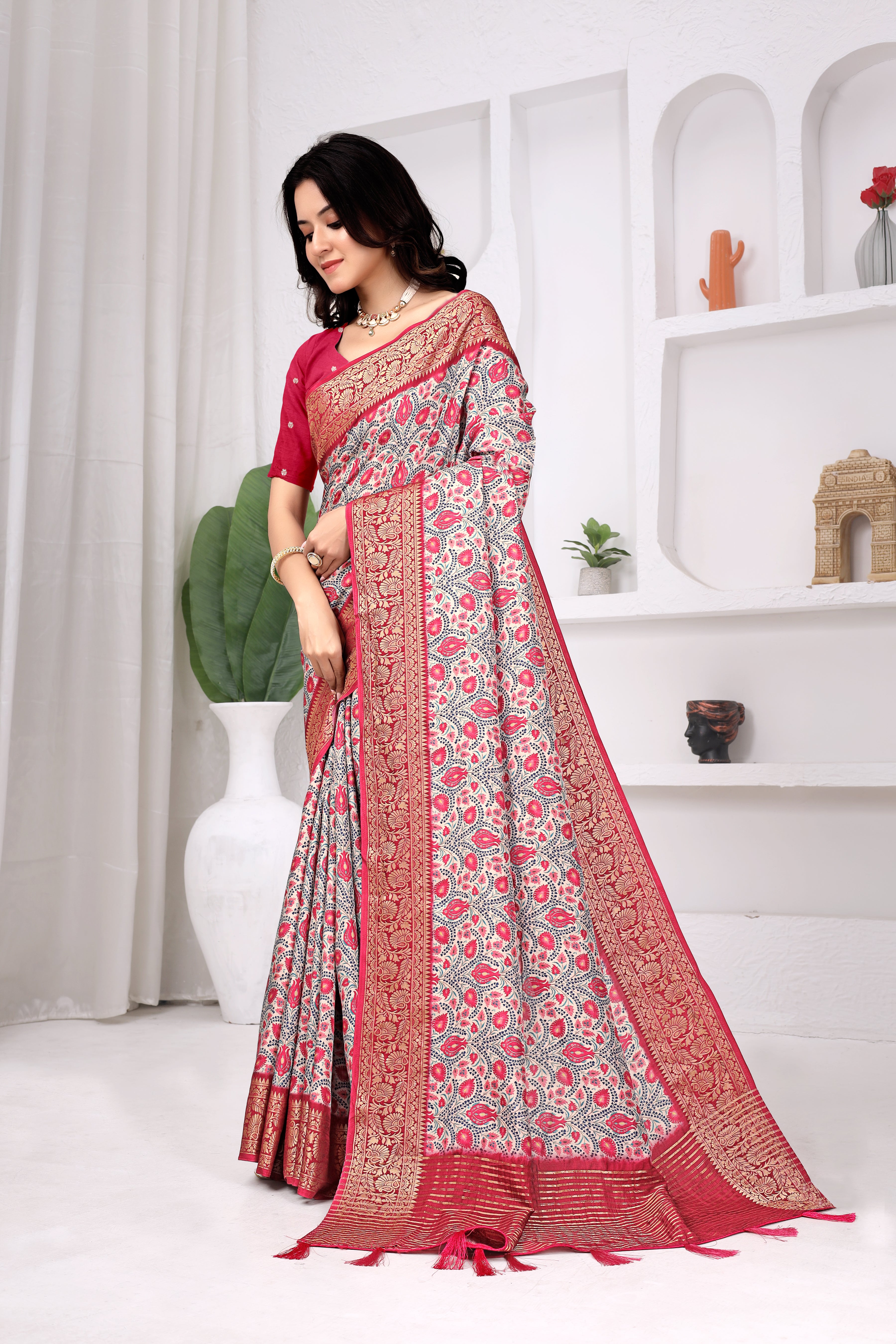 Ivory White Dola Chitpallu Saree with Pink Paisley Print