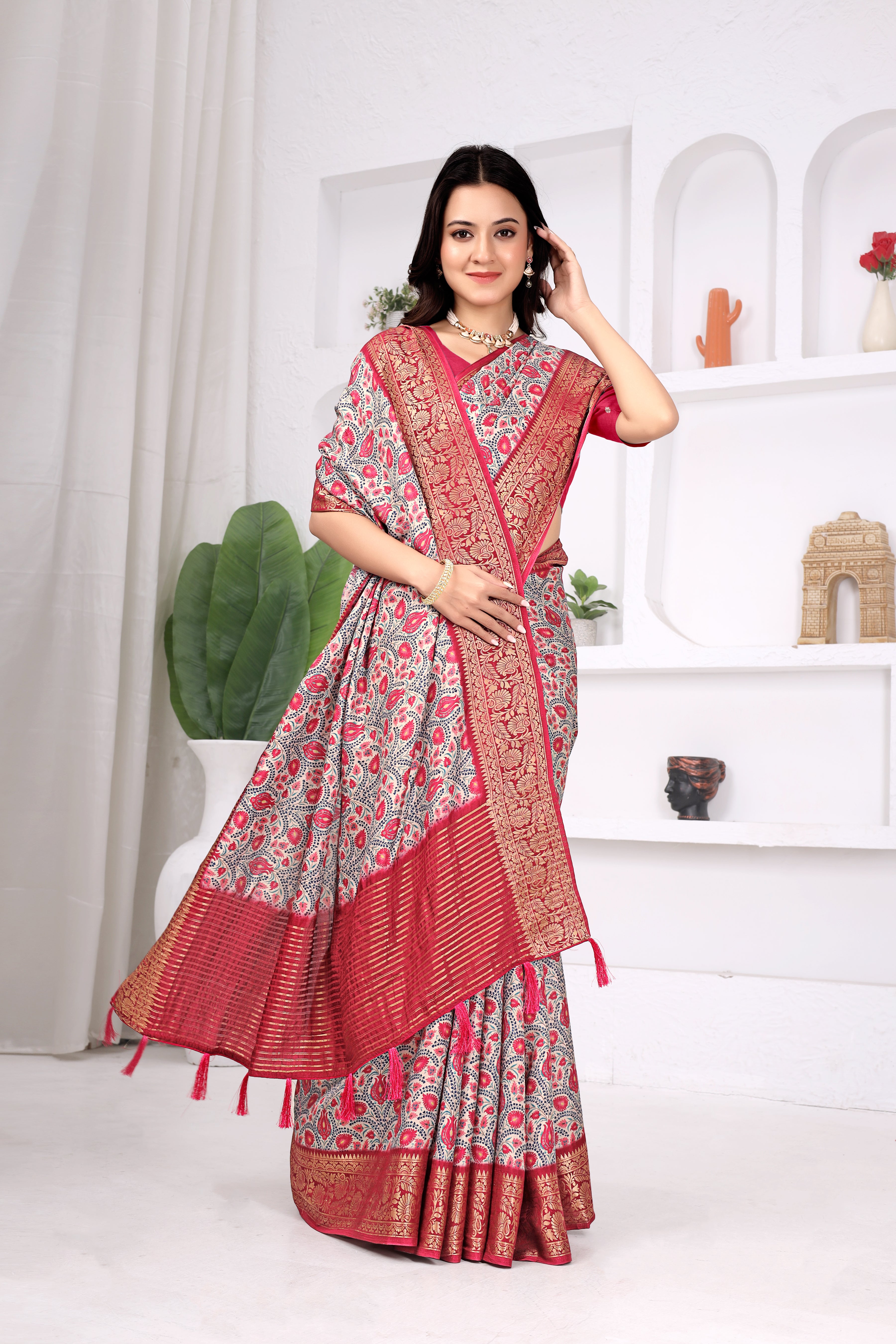 Ivory White Dola Chitpallu Saree with Pink Paisley Print