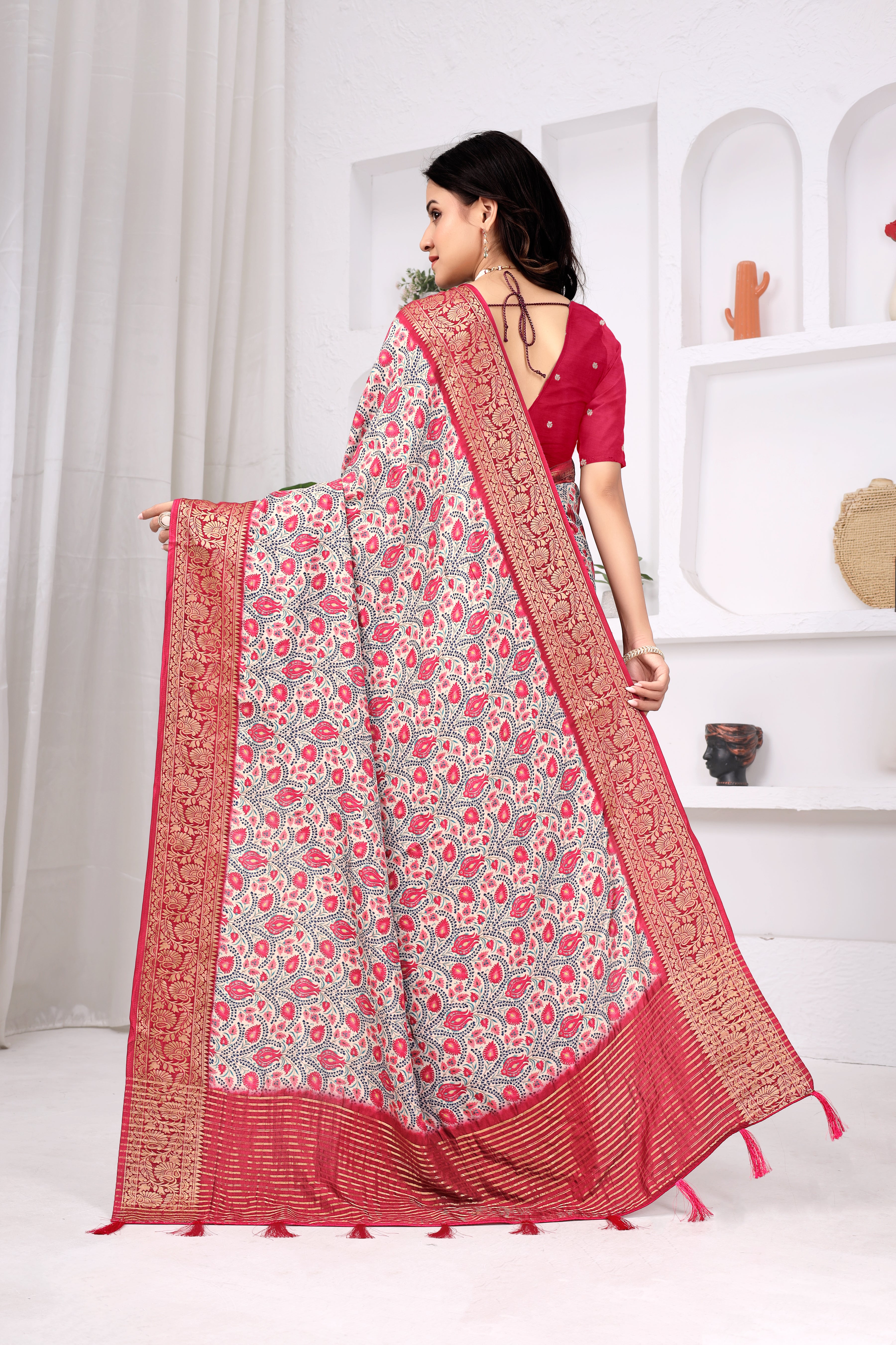 Ivory White Dola Chitpallu Saree with Pink Paisley Print