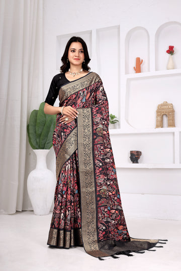 Black Dola Chitpallu Saree with Artistic Print & Designer Border