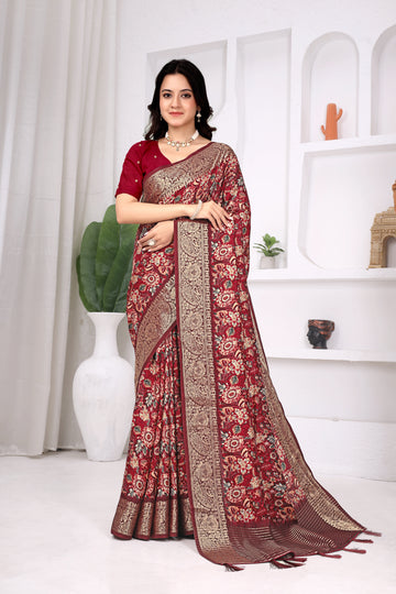 Wine Red Dola Chitpallu Saree with Floral Heritage Print |