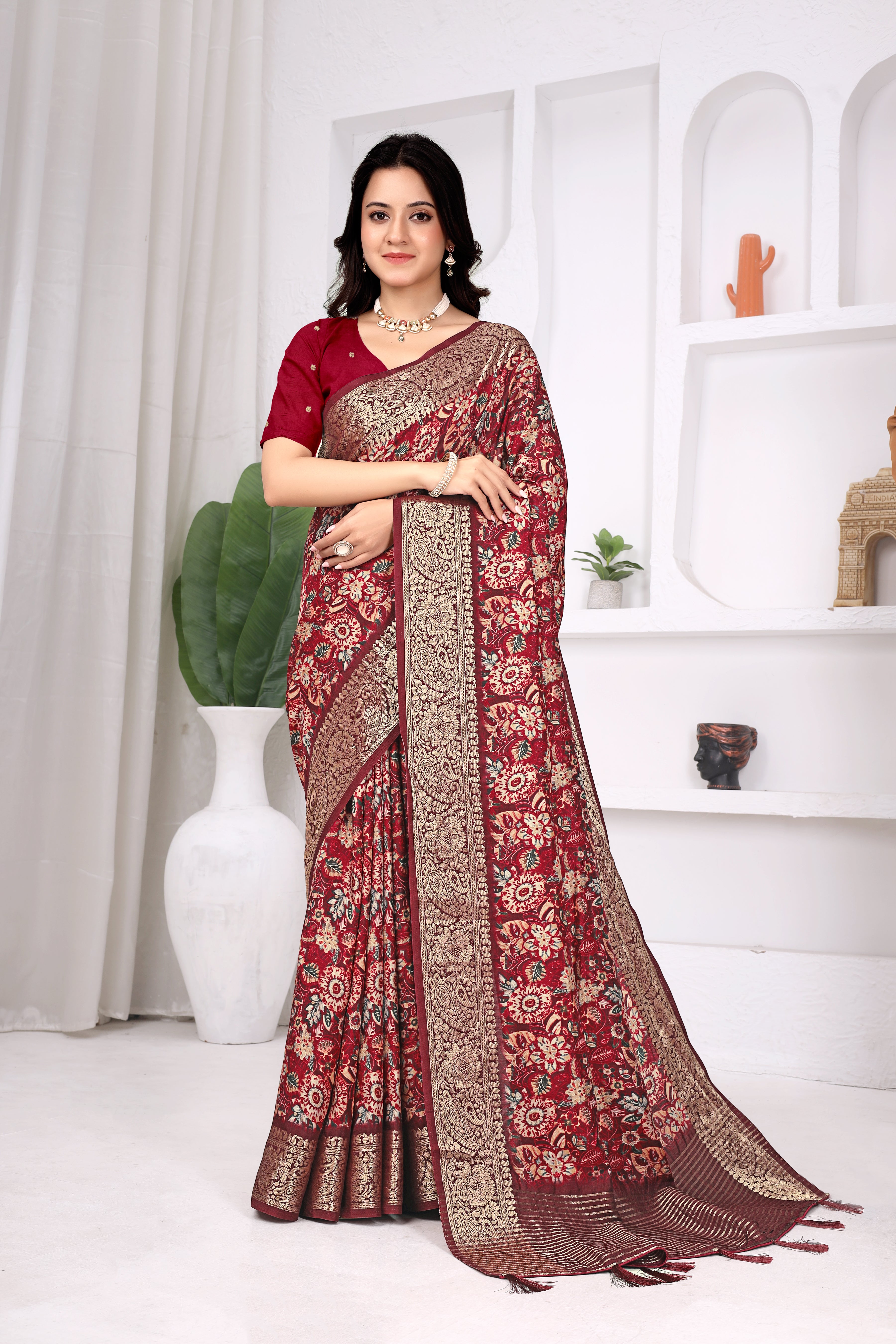 Wine Red Dola Chitpallu Saree with Floral Heritage Print |