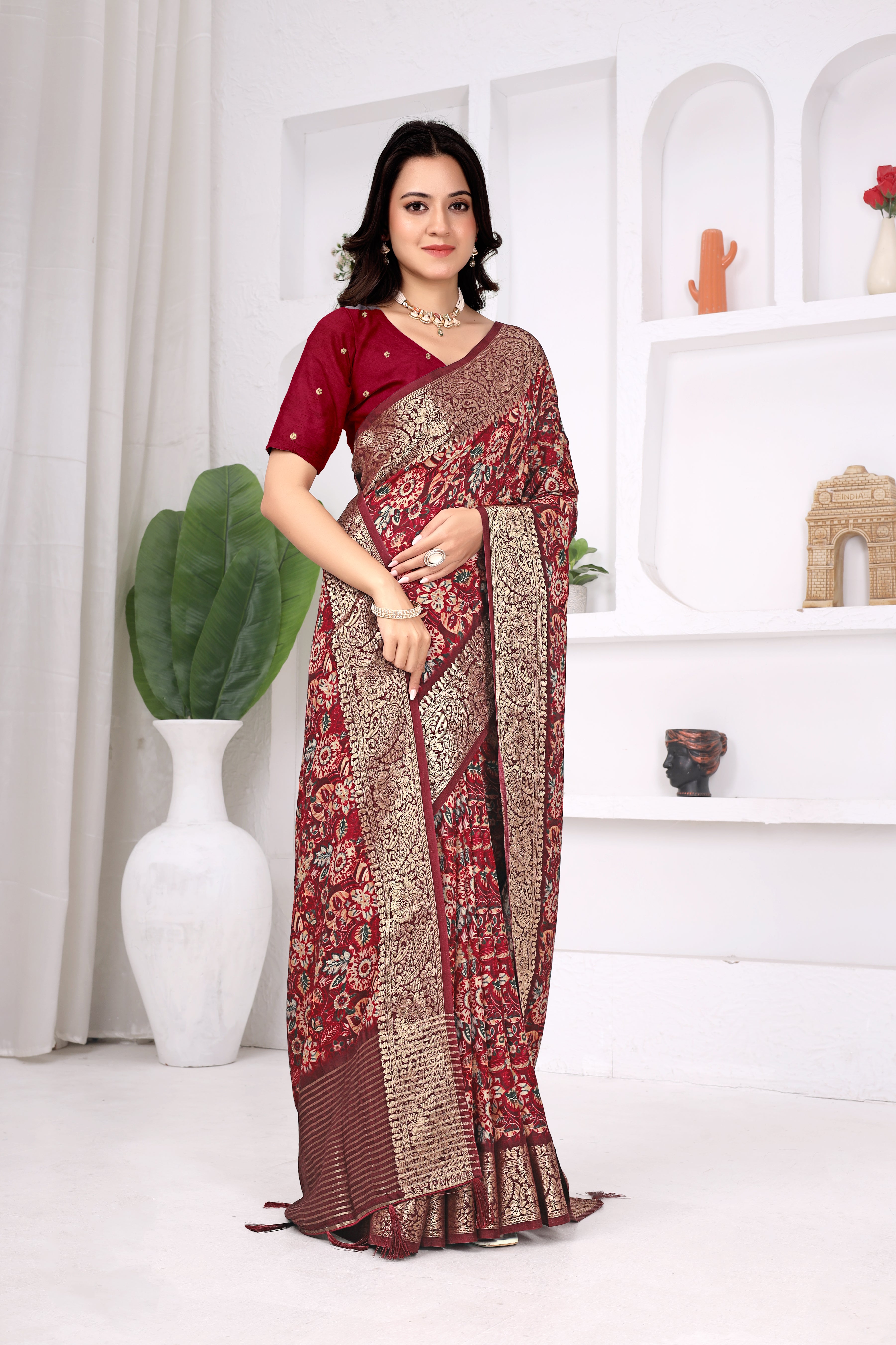 Wine Red Dola Chitpallu Saree with Floral Heritage Print |
