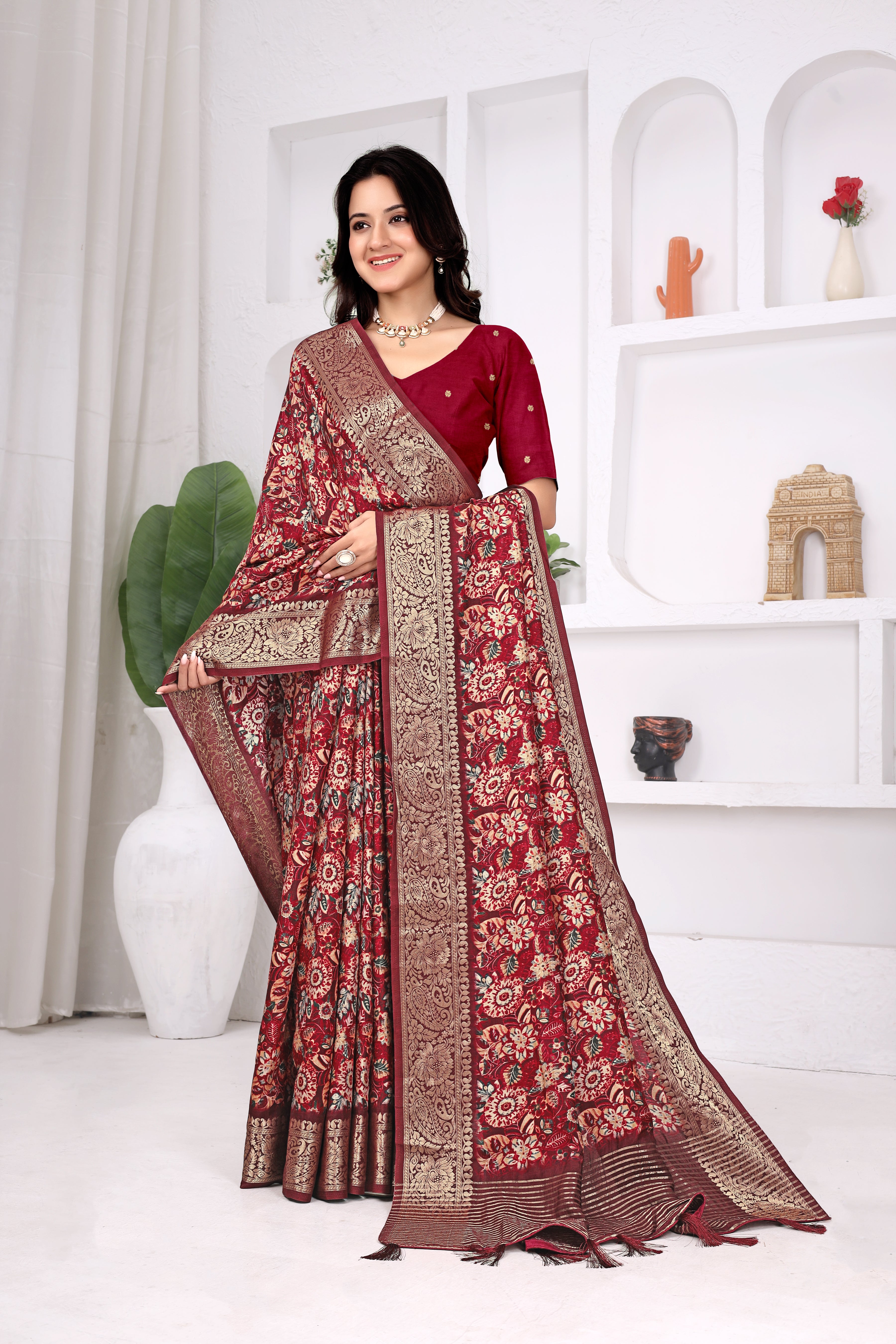 Wine Red Dola Chitpallu Saree with Floral Heritage Print |