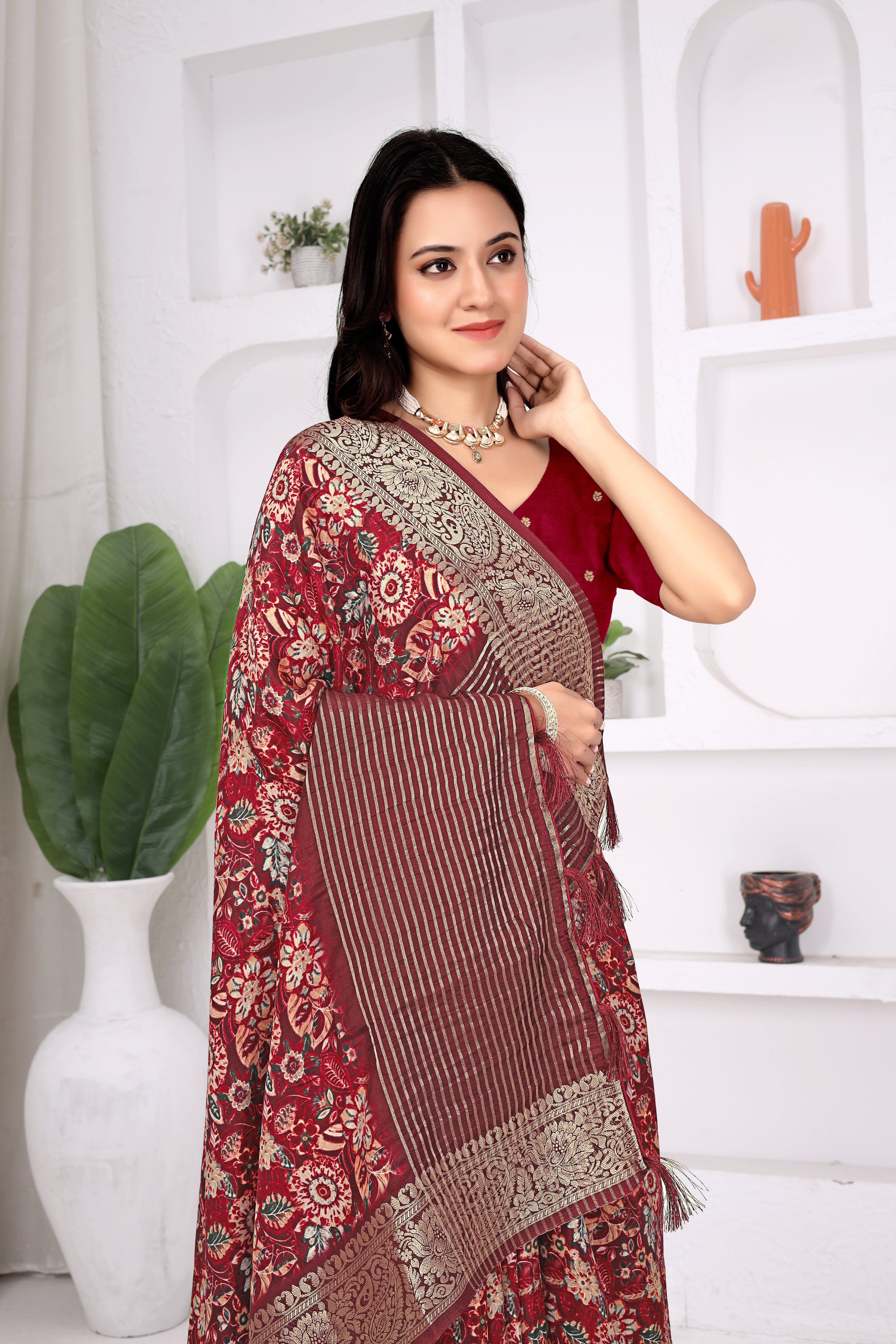 Wine Red Dola Chitpallu Saree with Floral Heritage Print |