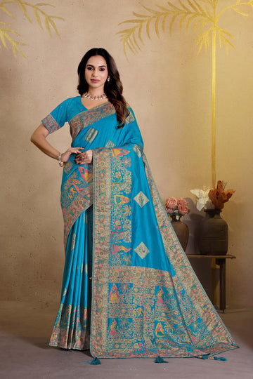 Sky Blue Pashmina Silk Saree for Women