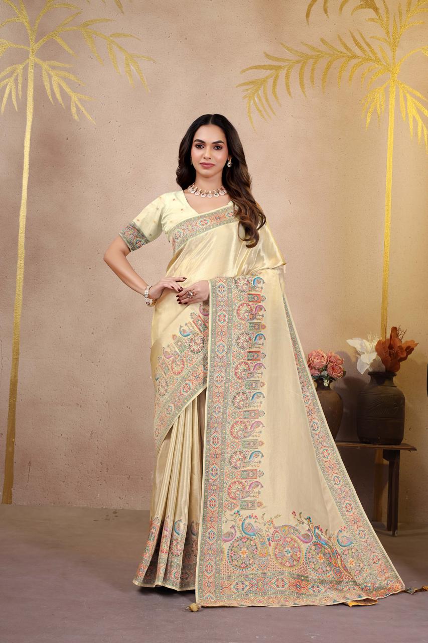 Cream Tissue Printed Saree with Heritage Paisley Border